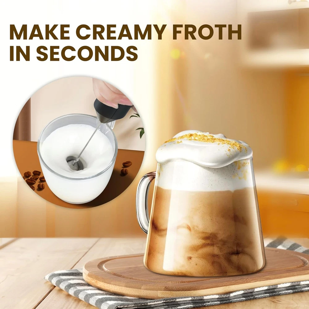 Milk Frother Handheld with Stainless Steel Stand, Battery Operated Whisk Maker H