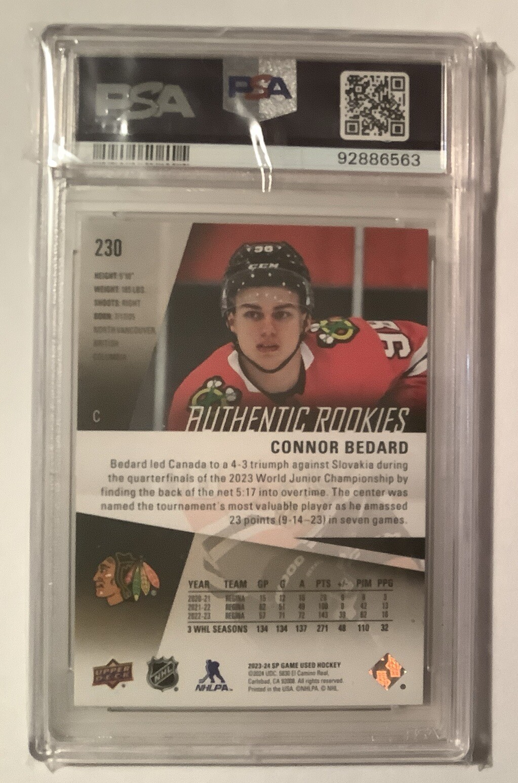 2023-24 Connor Bedard SP Game Used Authentic Rookies #230 Gold 112/123 PSA 8  view 2