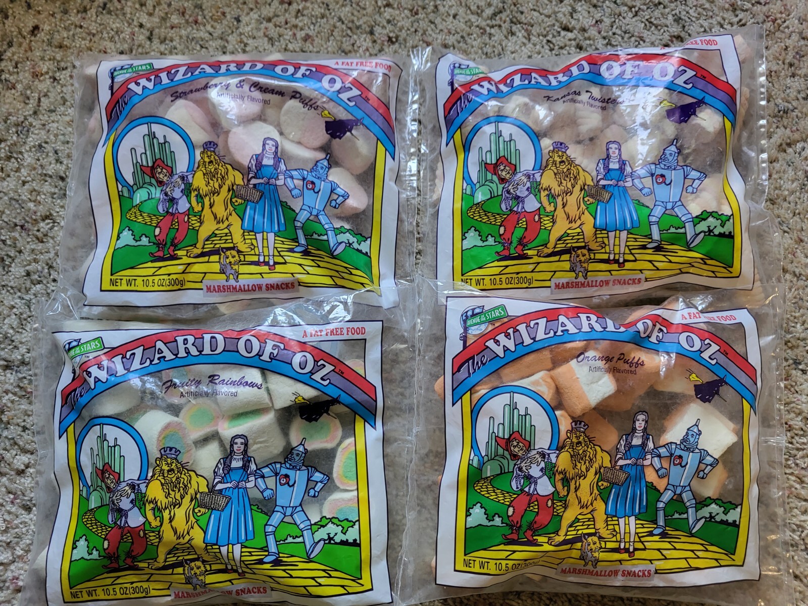 Four bags WIZARD OF OZ Marshmallow Snacks 1998  10.5 oz. bags, unopened