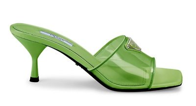 PRADA グリーン サテン ミュール　36ハーフ Prada Plexiglas Green PVC Patent Leather Backless Sandal Mule Heel
