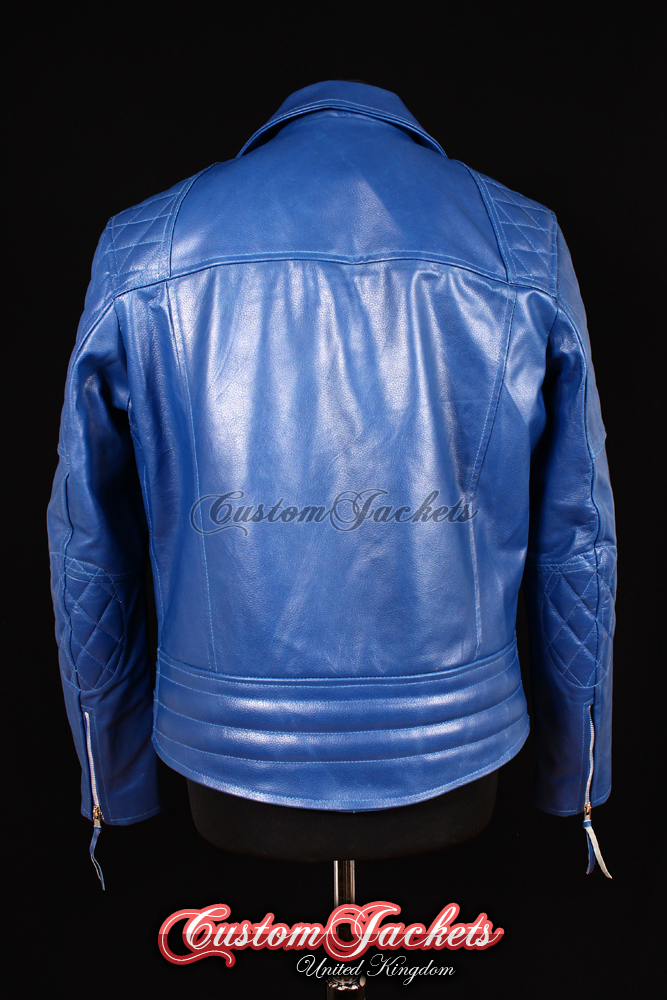 Men's 'HIGHWAY' Cowhide Leather Jacket Blue MOTORCYCLE CRUISER Biker