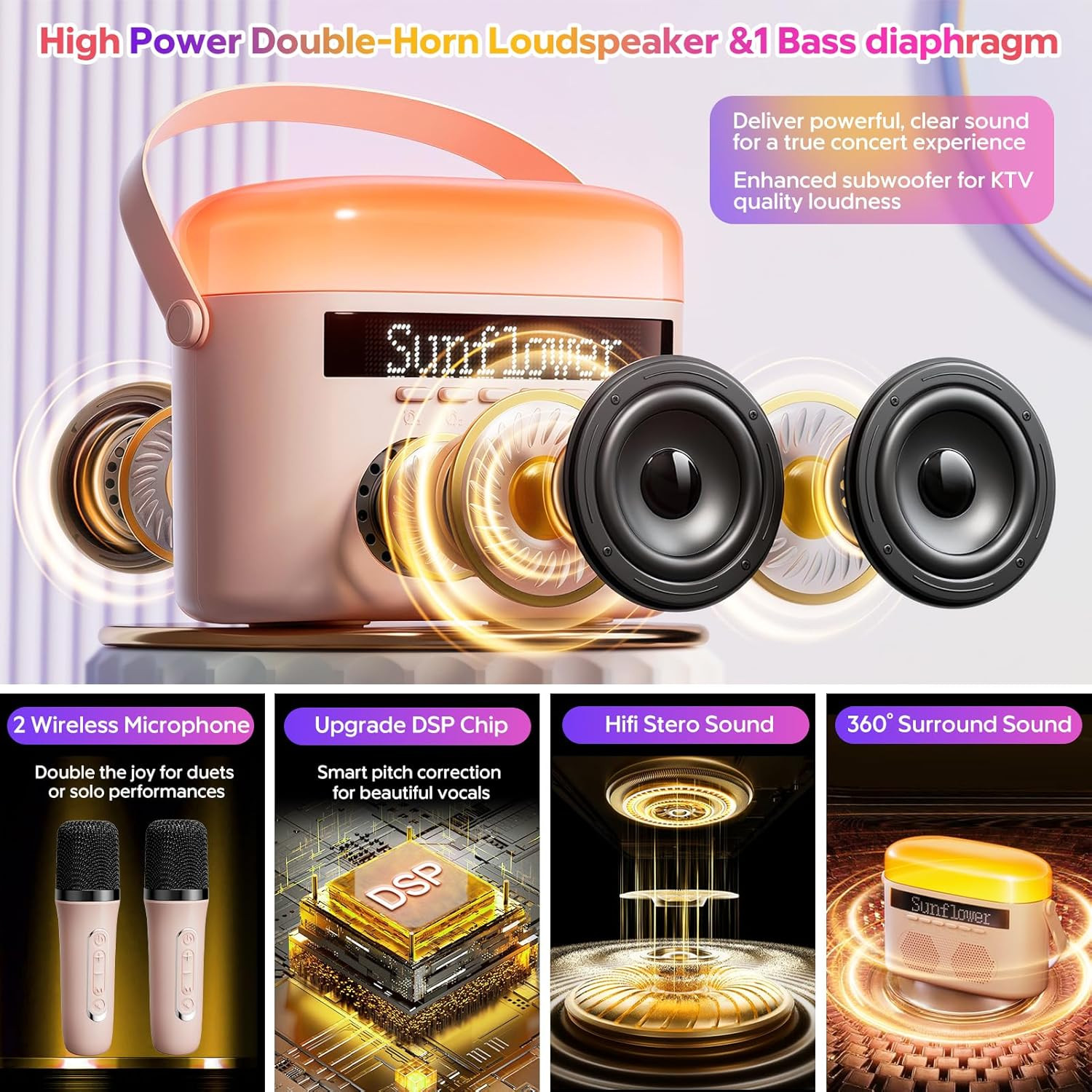 Karaoke Machine for Kids & Adults with 2 Wireless Mics 2400Mah Portable Bluetoot