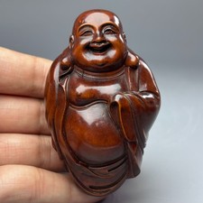 3.1" China Exquisite Boxwood Handmade Carved Maitreya Buddha Statue B324