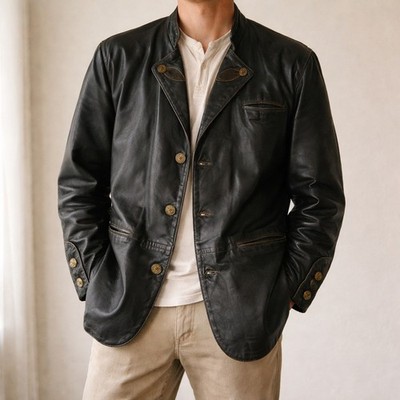 Vintage Alphorn Leather Jacket 48 Black Trachten Austrian Ornate Buttons