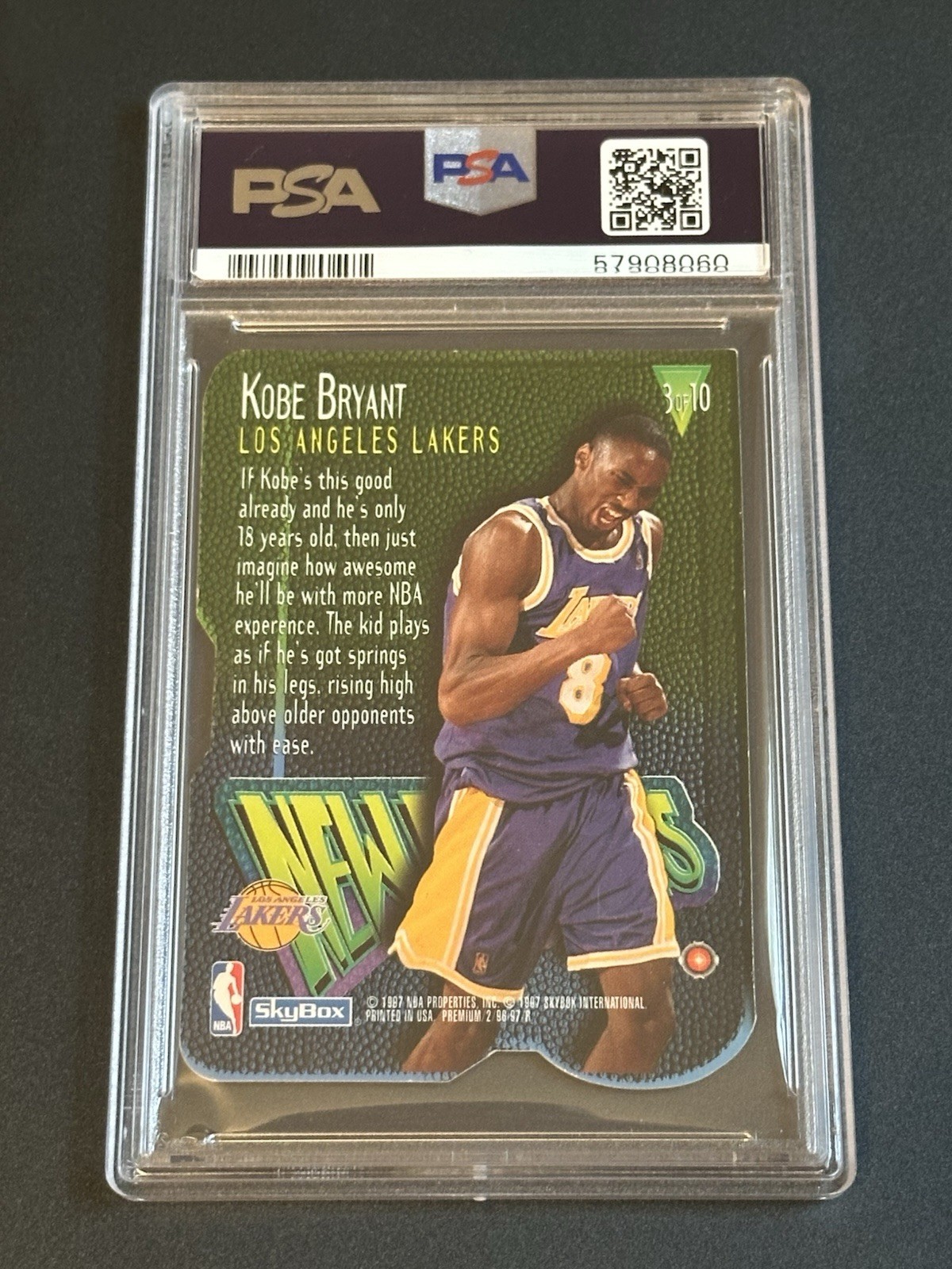1996 Skybox Premium New Editions Kobe Bryant Insert Rookie Card #3 of 10 PSA 7! view 2
