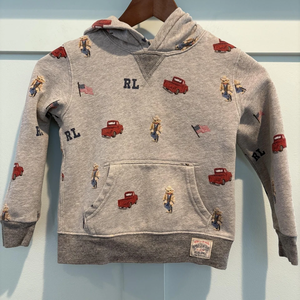 Polo Ralph Lauren Sudadera con Capucha Niños 5 Gris Polo Oso Polar Estampado Completo Camiones EE. UU. Foto 4 de 4