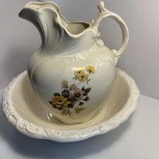 Rhine Pottery Wash Basin Bowl with Pitcher Hand Painted Floral Design
