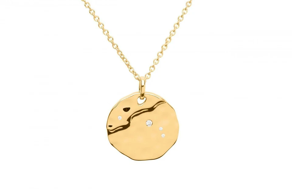 Unique & Co Hammered 18 Carat Gold & Cubic Zirconia Zodiac Aries Necklace
