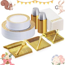 Gold Plastic Dinnerware 175PCS Set for Parties Weddings 25 Guests