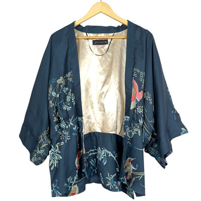 Zapa Woman Blue Botanical Bird Kimono Jacket Open Front L Boho Artistic Spain