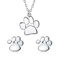 Animal Dog Cat Paw Print Pendant Necklace  Stud Earrings Set Sterling Silver