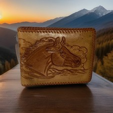 Vintage Hand Tooled Leather Wallet Horse Pine Cone Whipstitch Western Cowboy