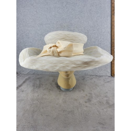 Eric Javits Cream Wide Brim Dress Hat Vintage Mesh Bow Kentucky Derby Wedding