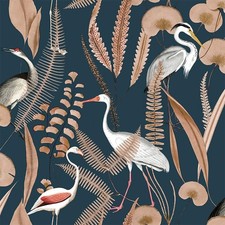 Image of Elegant Cranes Wallpaper Paste The Wall Ugepa Beige Navy Birds Leaves