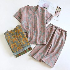 Women's Cotton Pajama Set V Neck Short Sleeve Capri Pants Thin Homewear Summer