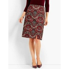 Stunning TALBOTS Red Green Paisley Print Knee Button Front Lined A Line Skirt 2