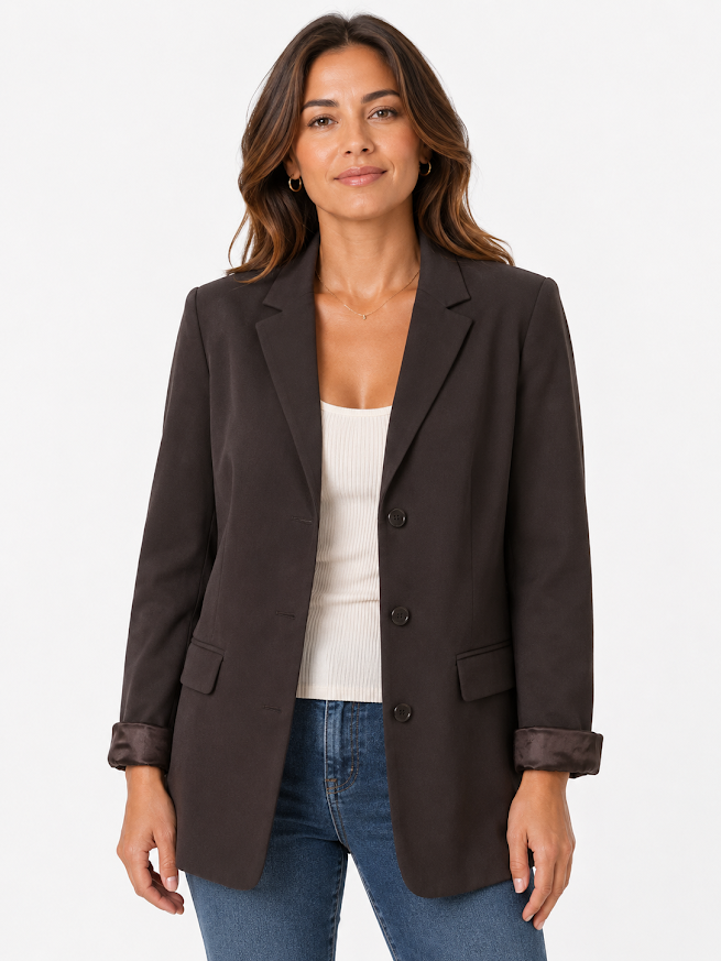 Calvin Klein Womens Blazer Brown Black 3 Button Satin Cuff Jacket Career