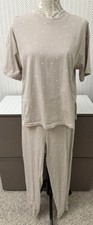 H M Tan w/ White Polka Dots Pajama or Loungewear Set Short Sleeve Joggers M