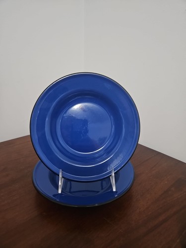 (2) Dk Blue Enamelware Black Trim 8" Rimmed Soup/Salad  Bowl EUC