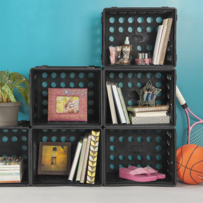 Black Plastic Storage Box File Crate Portable Versatile Basket Bin Set of 6