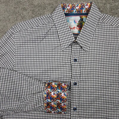 Robert Graham Shirt Mens Large Gray Houndstooth Flip Cuff Party Casual Button Up