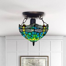 Tiffany Antique Style Green Dragonfly 10 inch Ceiling Lamp Stained Glass Shade