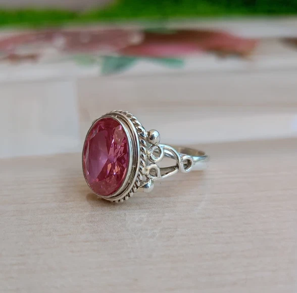 Anillo de piedra de cuarzo rosa hecho a mano anillo de plata de ley 925 maciza todos los tamaños R313 Foto 2 de 4