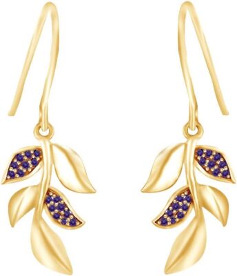 Tree Leaves Drop Earrings Simulated Birthstone 14K Yellow Gold Plated Silver