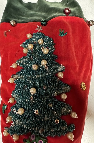 Vintage Velvet Sequins, Beading, Bells Tree, Deer, Bell 23" Christmas Stocking - Picture 8 of 8