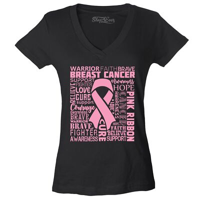 Breast Cancer Pink Ribbon Word Cloud Women's V-Neck T-shirt Breast Cancer Tee