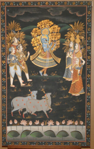 Große indische Seidenmalerei, Krishna, Heilige Kühe, 137,0 cm x 86,0 cm