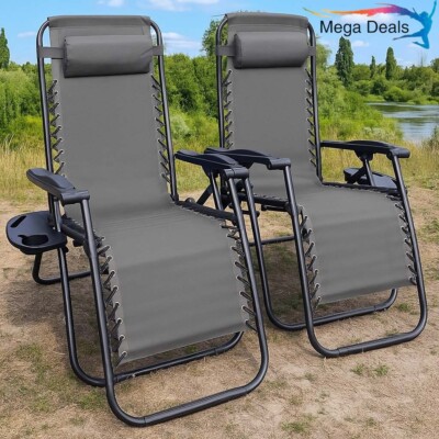 Zero Gravity Stuhl 2x Liege Grau Garten Terrasse Klappbar Sonnenliege Getränkehalter