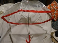 Vintage 1970 clear rain dome umbrella with red accents Mid Century
