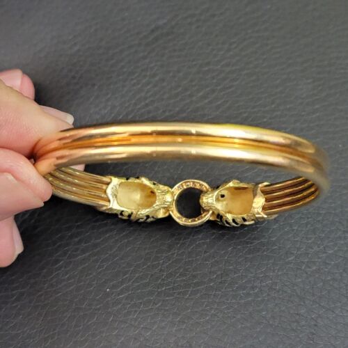 Tiger Heads Diamond & Ruby Enameled 18Kt Gold Hinged Bangle Bracelet France - Picture 9 of 12