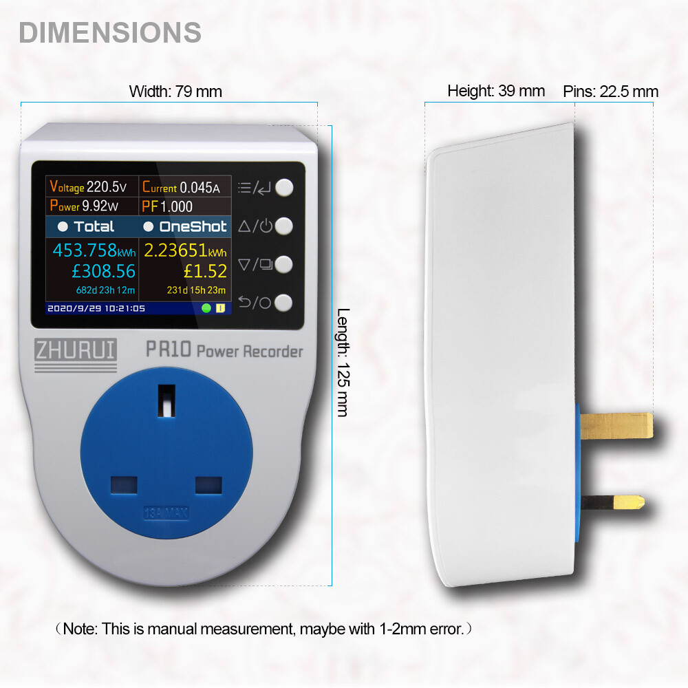 ZHURUI PR10-D FR16A Puissance Enregistreur Plug Wattmètre Compteur Mesure Dossier Alarme Calendrier 0,1-4000w