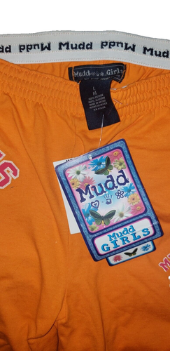 GIRLS MUDD Y2K HAWAIIAN HIBISCUS TANGERINE ORANGE POM POM GYM SHORTS~NEW~SZ L 14 - Picture 3 of 3