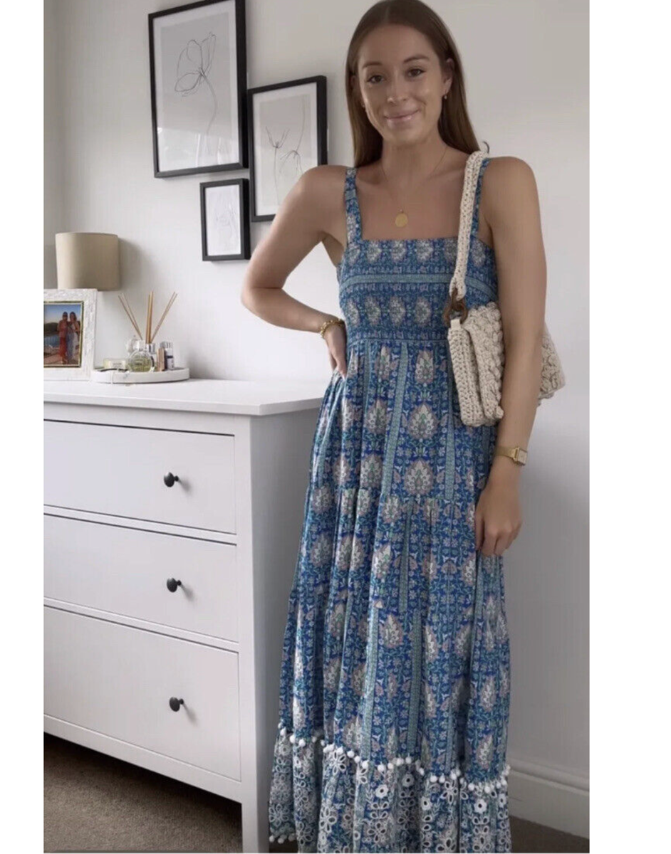 ZARA LONG PRINTED DRESS STRAP RUFFLED EMBROIDERED POM POM
