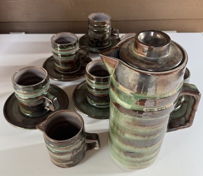 Llangollen Pottery Wales MCM Turquoise Green Pink Brown Glazed 15pc Tea Set