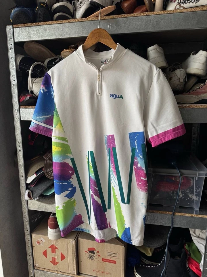 VINTAGE 80s MEN'S SHIRT AGU ITALY ITALIA CYCLING BICYCLE JERSEY MAGLIA SIZE L-XL - Image 2 of 4