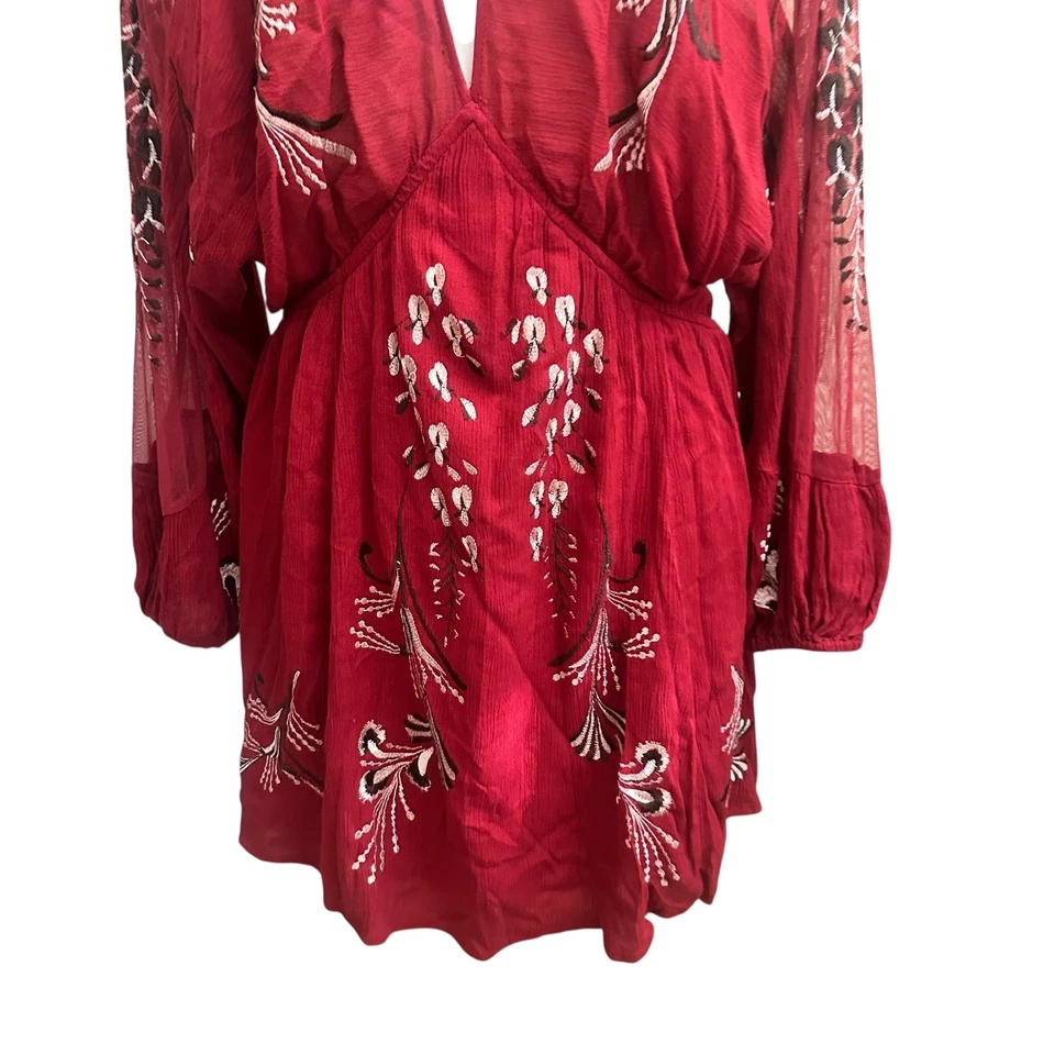 Free People Bonjour Floral Red Embroidered Long Sleeve Mini Dress Boho Small - Image 3 of 4