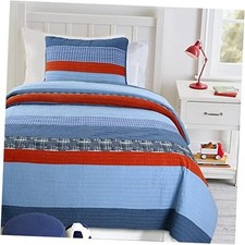 Navy Blue Red Striped Boy 100 Cotton Reversible Quilt Twin Varsity Stripe