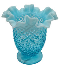 Vintage Fenton aqua Blue glass Hobnail Ruffle edge Opalescent Footed Vase fanned