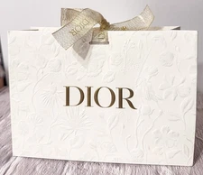 Christian Dior Embossed Floral White/Cream Gift Bag With Gold Ribbon Closure NEW