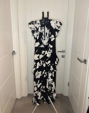 Boohoo Petite Mono Floral Wrap Maxi Dress UK 8 Black White Ruffle Long Dress VGC
