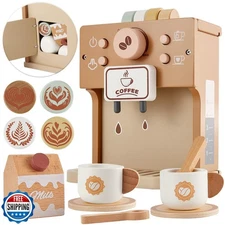 BUYGER Toy Coffee Maker for Kids, Wooden Coffee Playset Pretend P