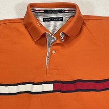 Vintage Tommy Hilfiger Polo Shirt Mens XL Orange Stripe Flag Logo Y2K Casual
