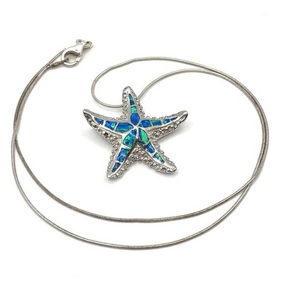 Sterling Silver Starfish Fire Opal Inlay Pendant Necklace Chain 925 Italy