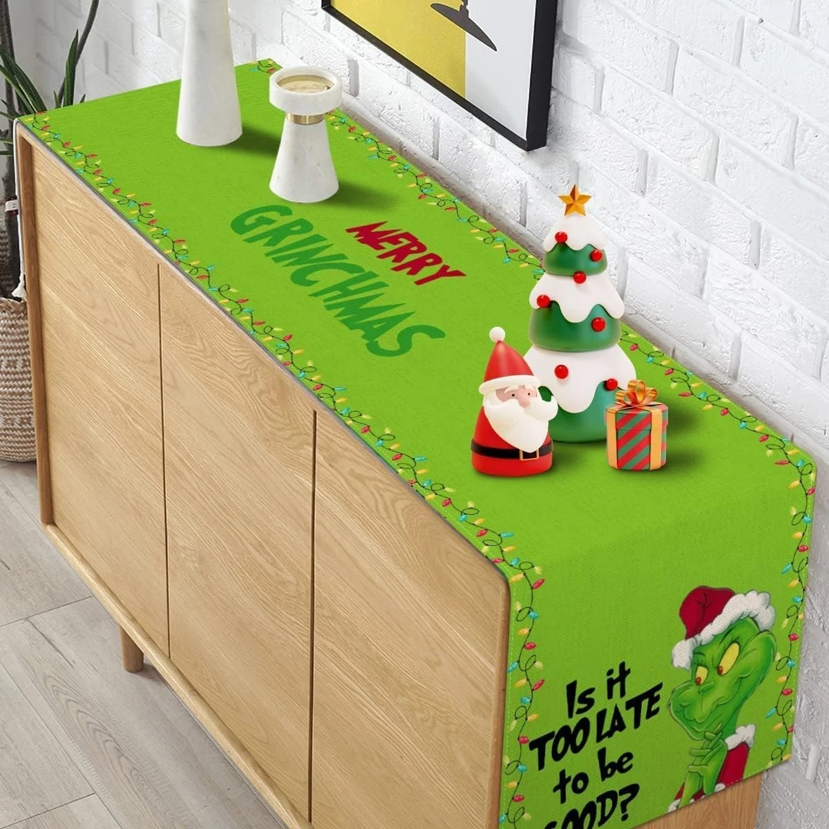 Funny Character Christmas Table Runner Green Monster Holiday Decor