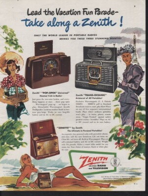 1949 ZENITH RADIO PORTABLE BEACH SEXY POP-OPEN TRANS-OCEANIC ZENETTE AD 10155