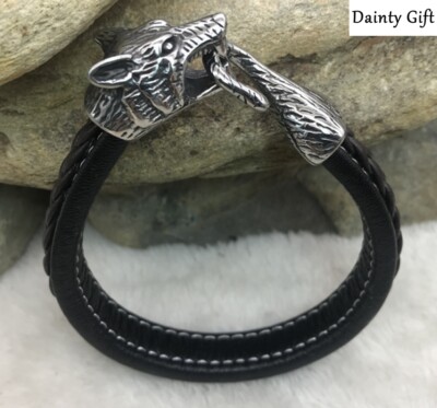 Men Women Stainless Steel Wolf Head Tail Black Leather Bangle 